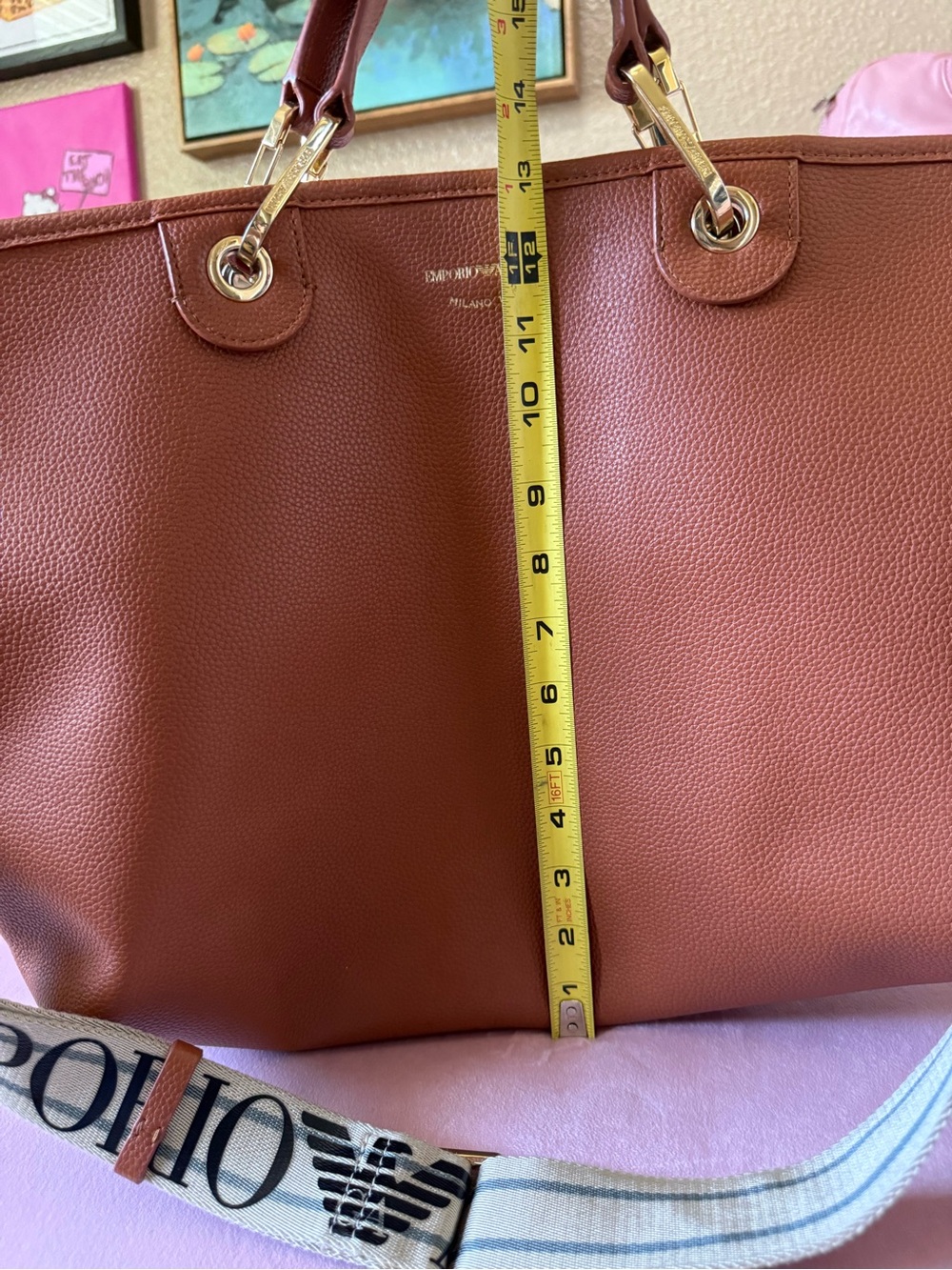 💯Auth! Emporio Armani Saddle Brown Leather Bag Tote Branded Strap Gold Hardware - Picture 7 of 16